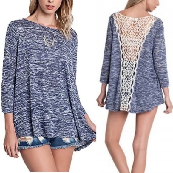 Umgee Peppered Knit Swing Top Indigo Blue Size Medium Heathered Crochet Sweater - Picture 2 of 8